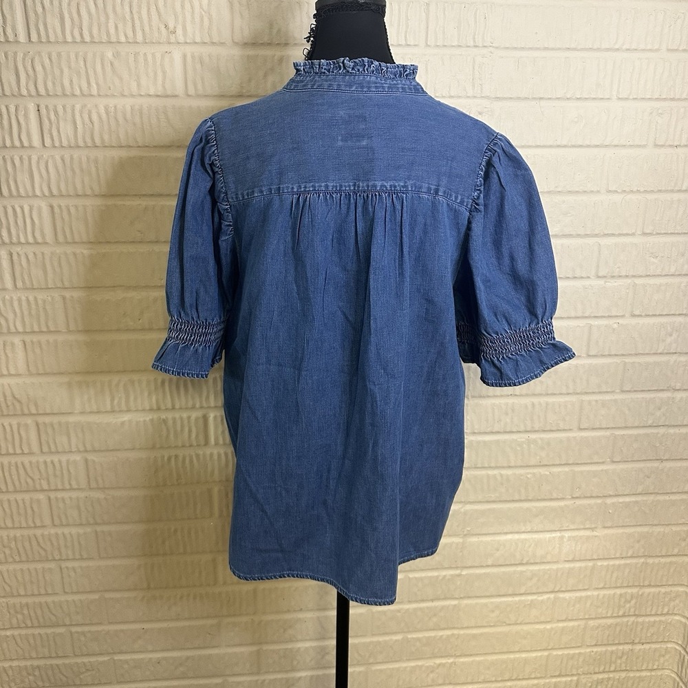 NWT Gap Puff Sleeve Denim Shirt Ruffle Trim Sz L Cotton V Neck Cottagecore Farm - Picture 5 of 7